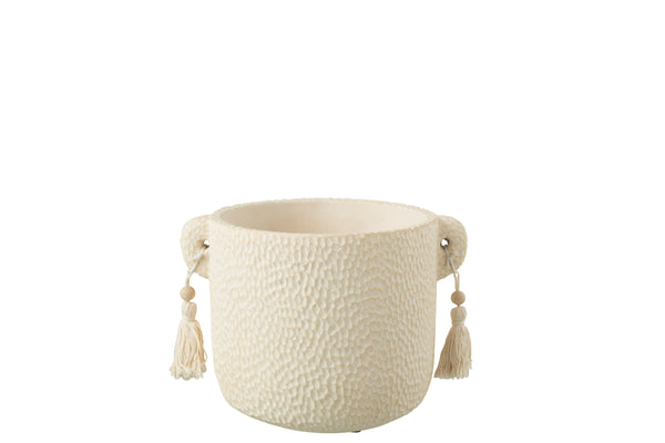 Übertopf Oman mit Kerben und Quasten, Blumentopf groß creme, 22x18x15,5cm